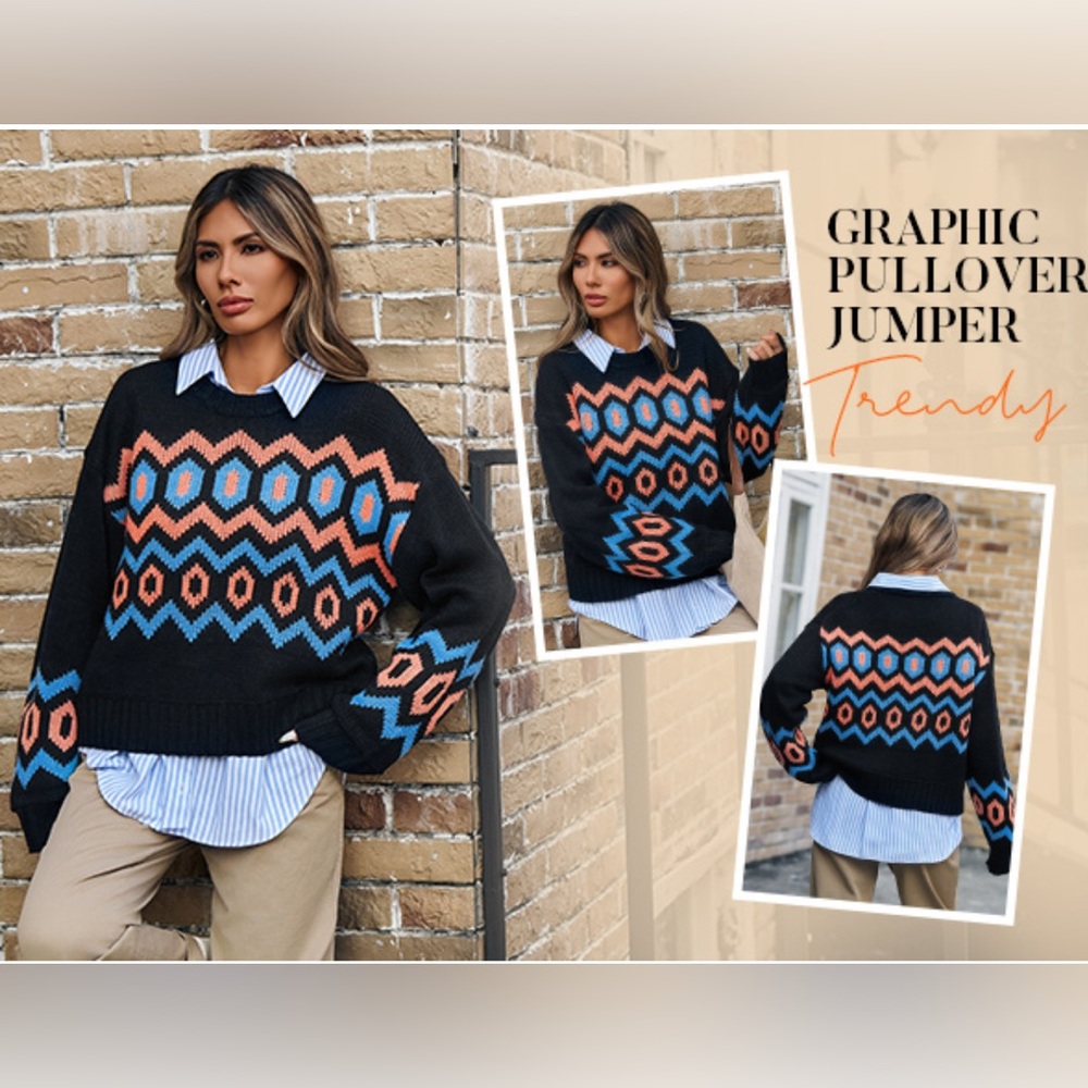 Saodimallsu Cropped sweater block graphic pullover top black sizeXL NEW